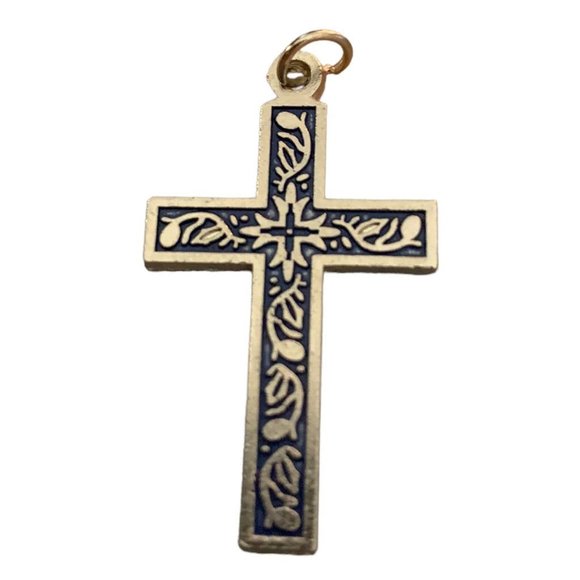 Vintage 1 1/4" Silvertone Pendant Cross Blue Embossing Jewelry for Necklace - Picture 2 of 7